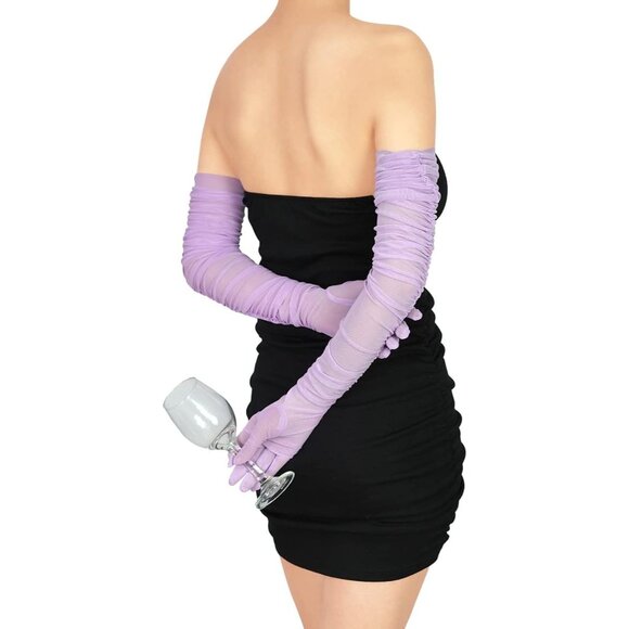 Women's Lavender Sexy Tulle Sheer Mesh Long Satin Gloves Party Prom Costume - Picture 6 of 6